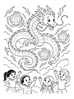 A friendly serpentine dragon coloring page flying in the sky as happy children look up and wave.