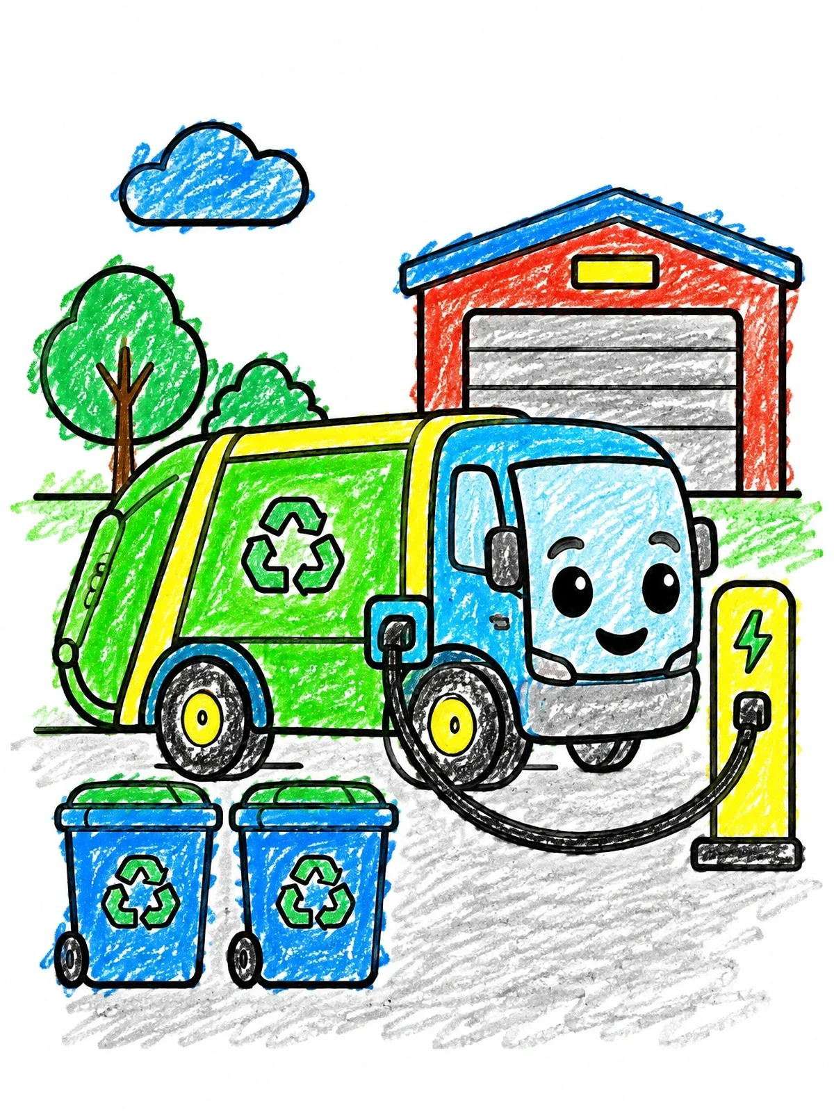 Colored example of the Friendly Electric Garbage Truck Charging coloring page