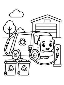 A cute electric truck coloring page showing a cartoon garbage vehicle plugged into a charging station.