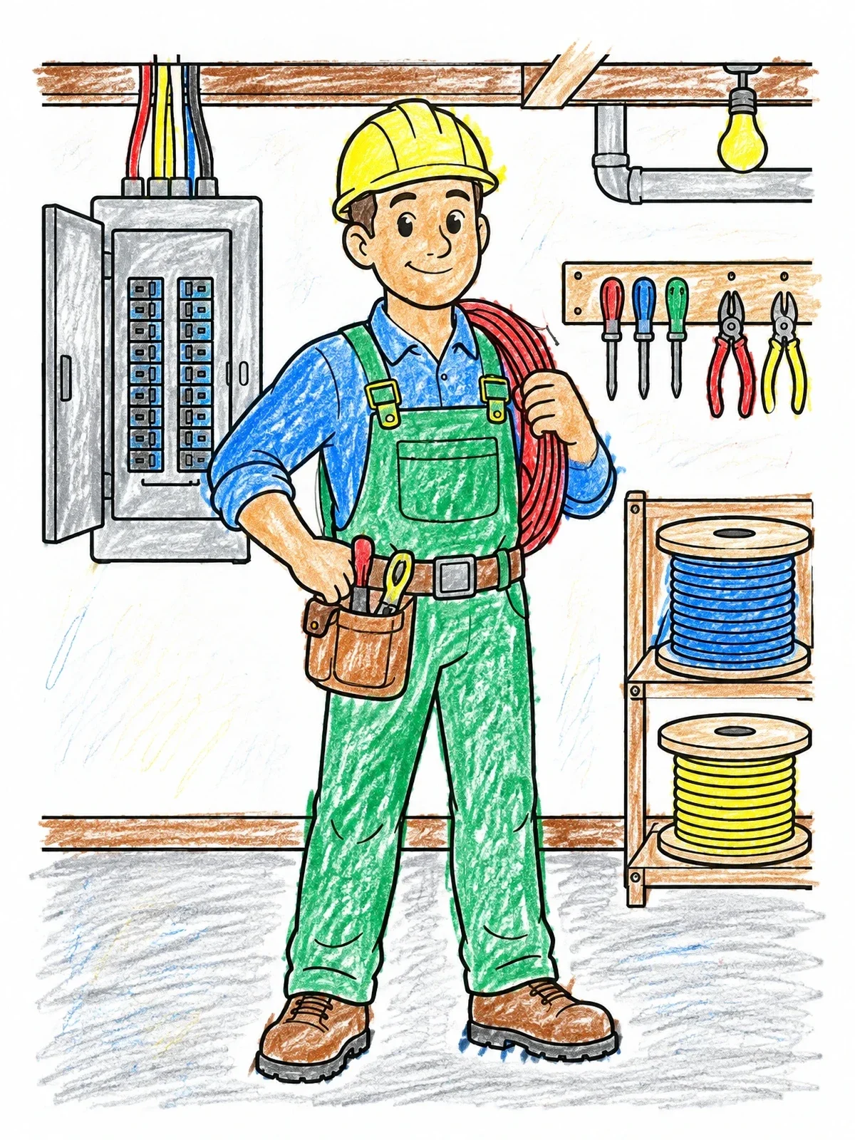 Colored example of the Friendly Electrician In The Workshop coloring page