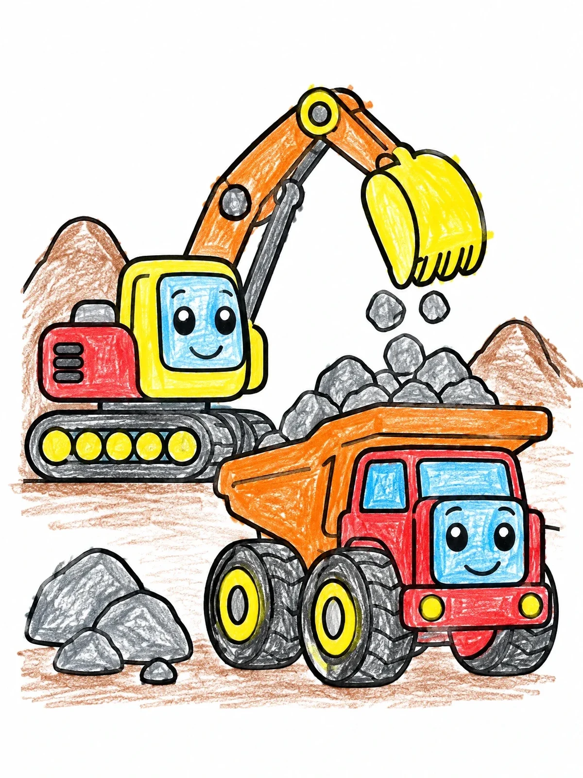Colored example of the Friendly Excavator Loading Dump Truck coloring page