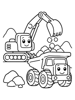 Free printable Friendly Excavator Loading Dump Truck coloring page