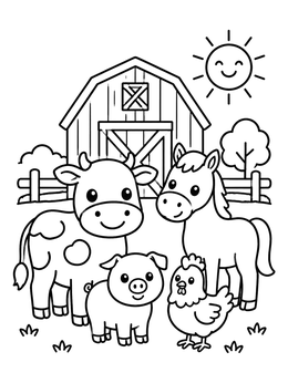 Free printable Friendly Farm Animals By The Barn coloring page