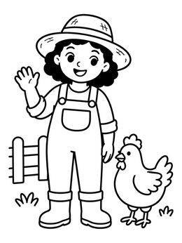 Free printable Friendly Farmer Waving With Chicken coloring page