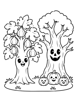 A friendly fig tree next to a smiling spooky tree coloring page with carved pumpkins at its base.