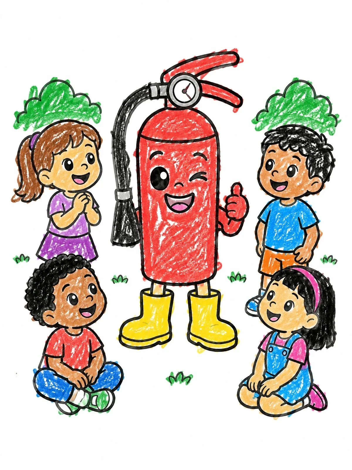 Colored example of the Friendly Fire Extinguisher With Children coloring page