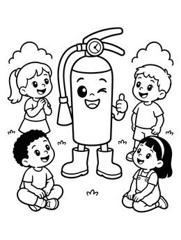 Free printable Friendly Fire Extinguisher With Children coloring page