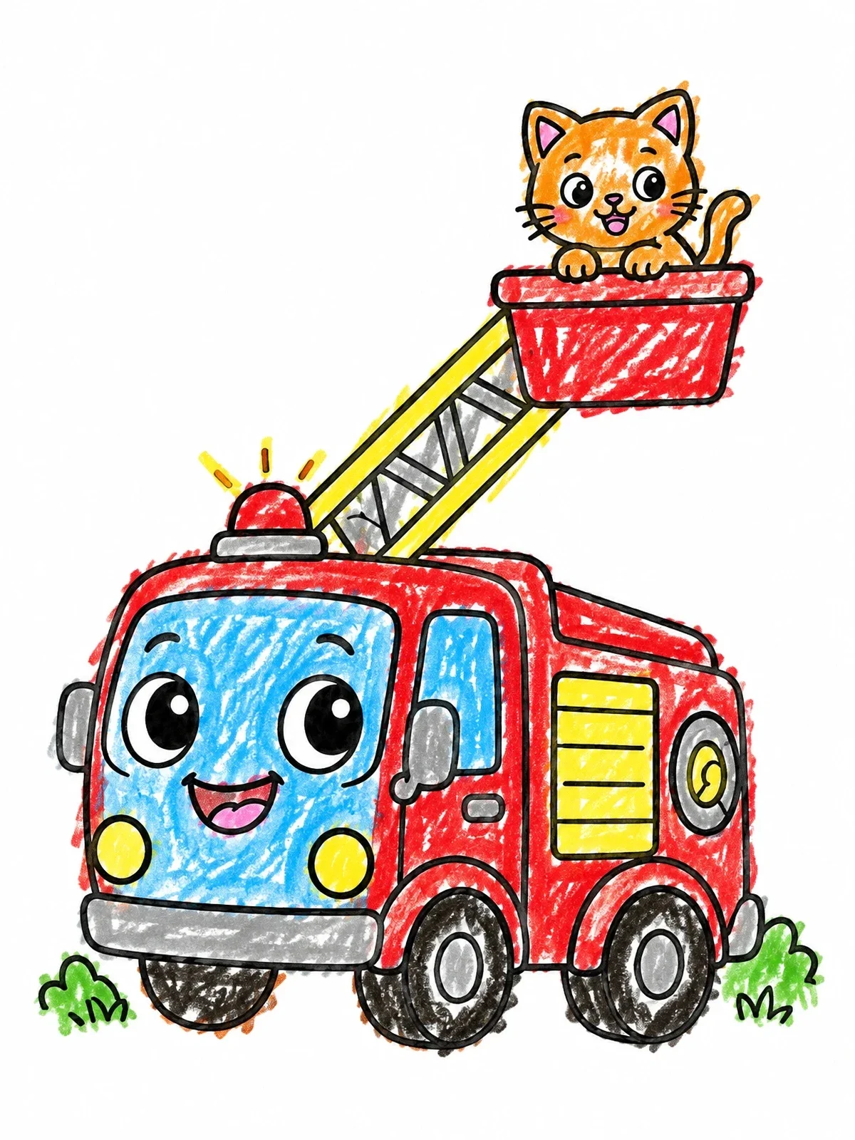 Colored example of the Friendly Fire Truck Rescuing Kitten coloring page
