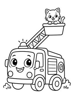 A cheerful fire truck coloring page showing a happy kitten riding safely in the raised ladder basket.