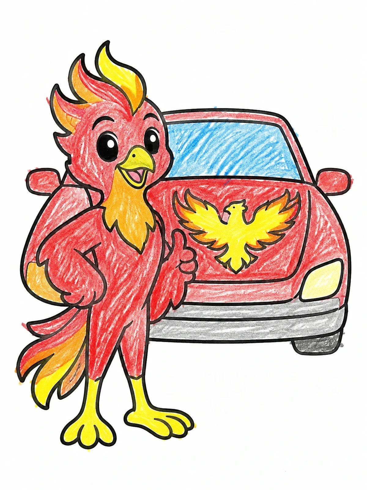 Colored example of the Friendly Firebird Mascot With Car coloring page