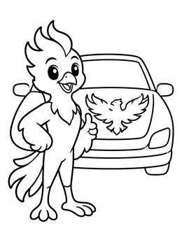 Free printable Friendly Firebird Mascot With Car coloring page