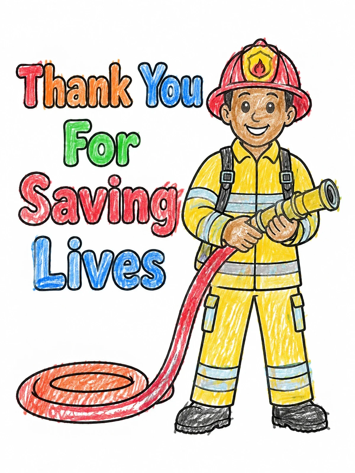 Colored example of the Friendly Firefighter Holding Fire Hose coloring page