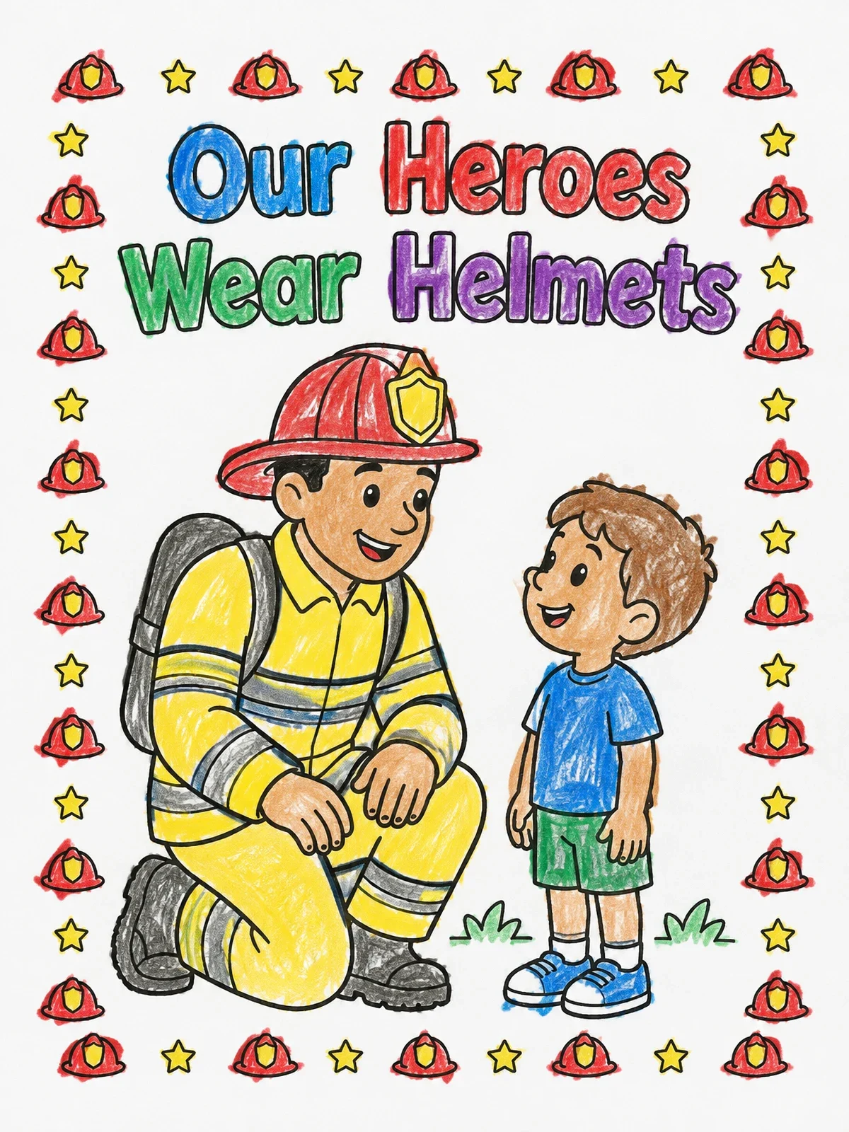 Colored example of the Friendly Firefighter Talking To A Child coloring page