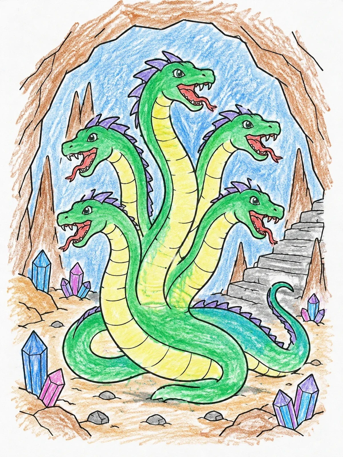 Colored example of the Friendly Five Headed Hydra In Cave coloring page