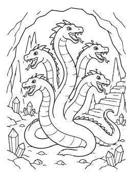 Free printable Friendly Five Headed Hydra In Cave coloring page