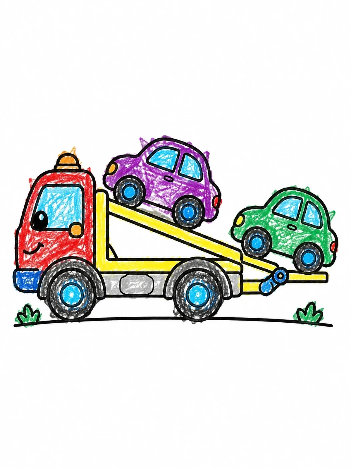 Colored example of the Friendly Flatbed Tow Truck Carrying Cars coloring page