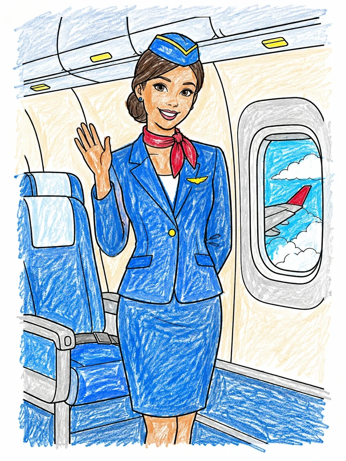 Colored example of the Friendly Flight Attendant Welcoming Passengers coloring page