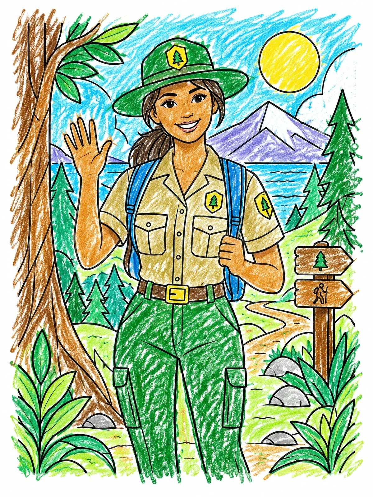 Colored example of the Friendly Forest Ranger On The Trail coloring page