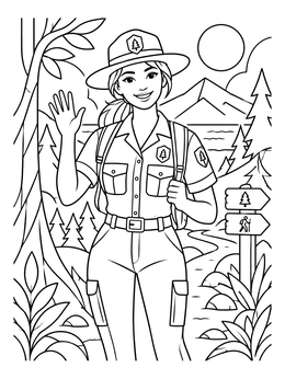 A smiling forest ranger waves along a mountain path on this hiking coloring page.