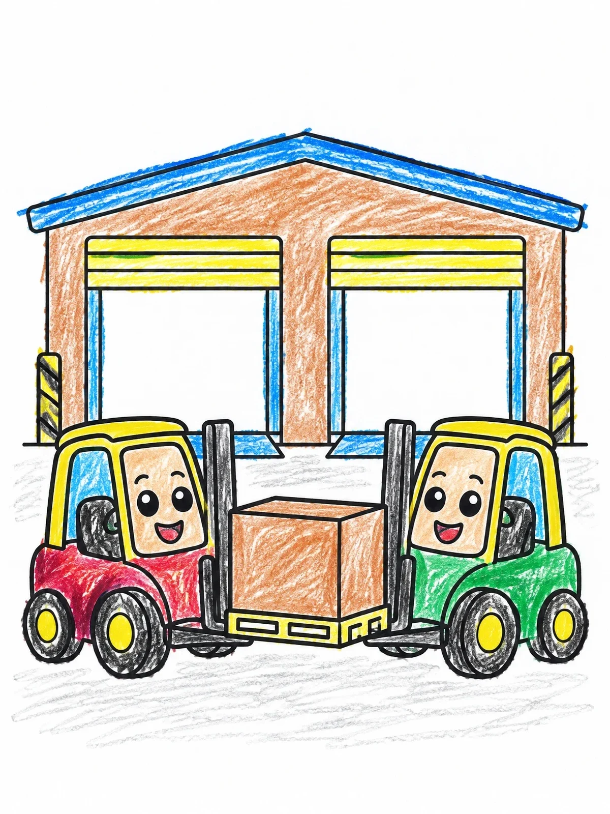 Colored example of the Friendly Forklifts At The Warehouse coloring page