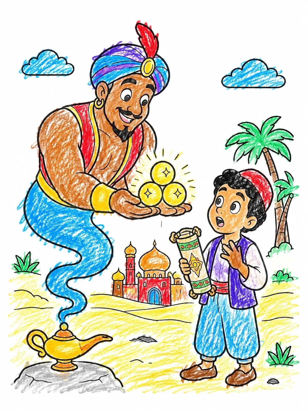 Colored example of the Friendly Genie Granting Three Wishes coloring page