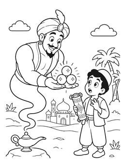 Free printable Friendly Genie Granting Three Wishes coloring page
