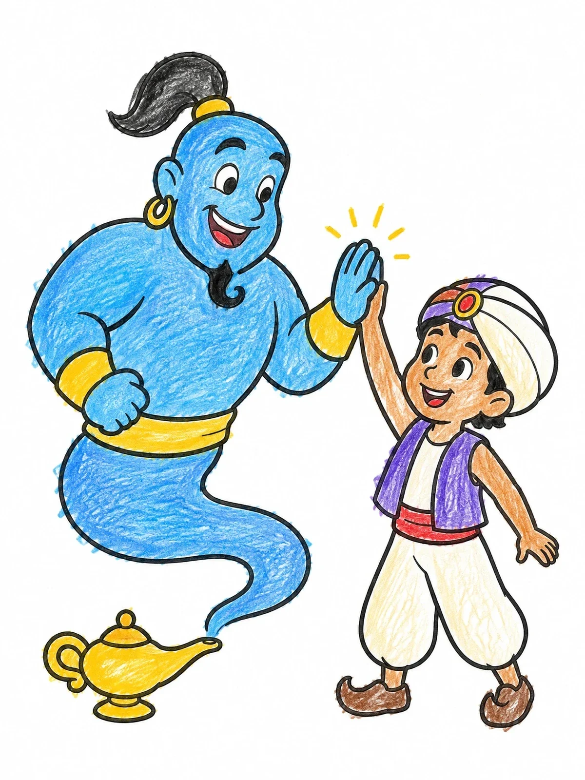 Colored example of the Friendly Genie High Fiving A Boy coloring page