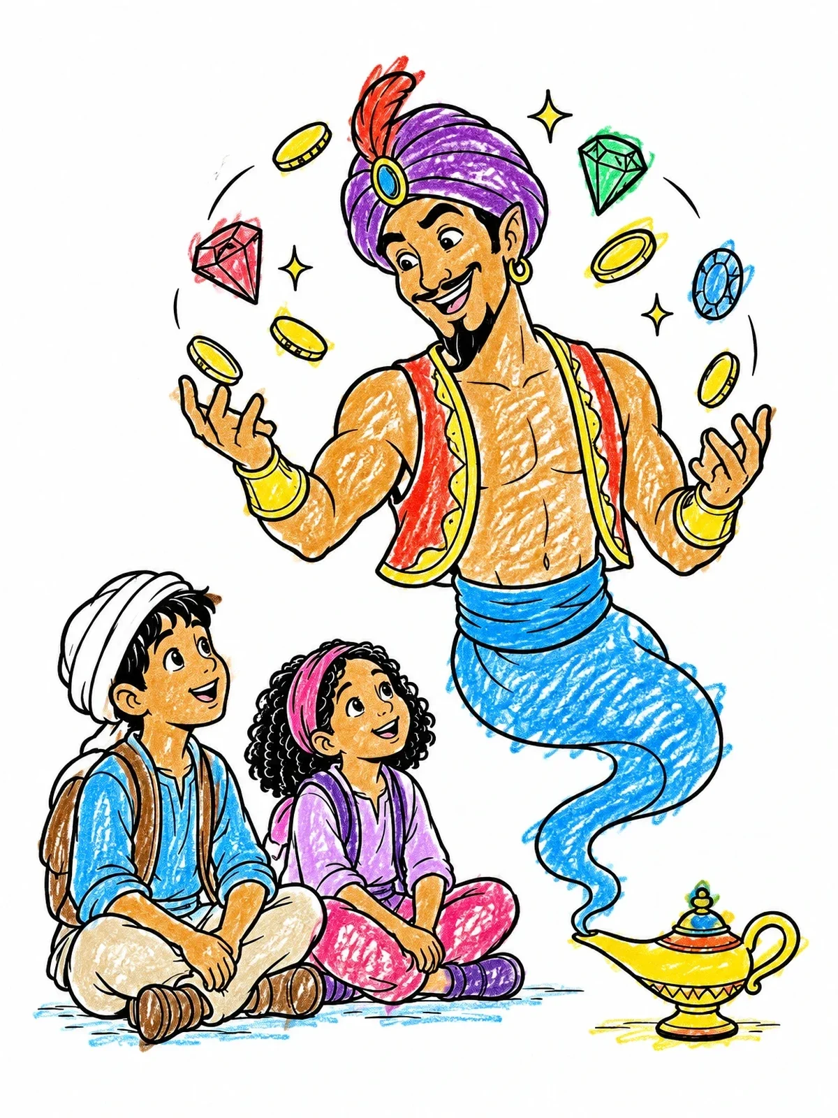 Colored example of the Friendly Genie Juggling Jewels And Coins coloring page