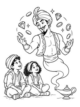 Free printable Friendly Genie Juggling Jewels And Coins coloring page