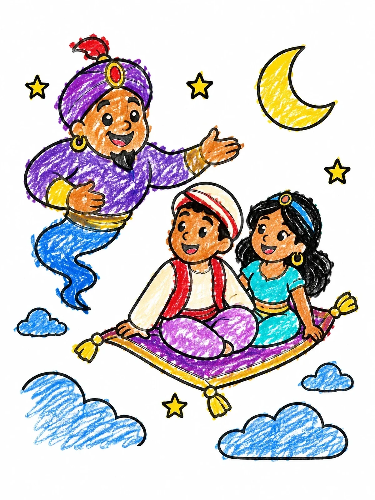 Colored example of the Friendly Genie And Magic Carpet Ride coloring page