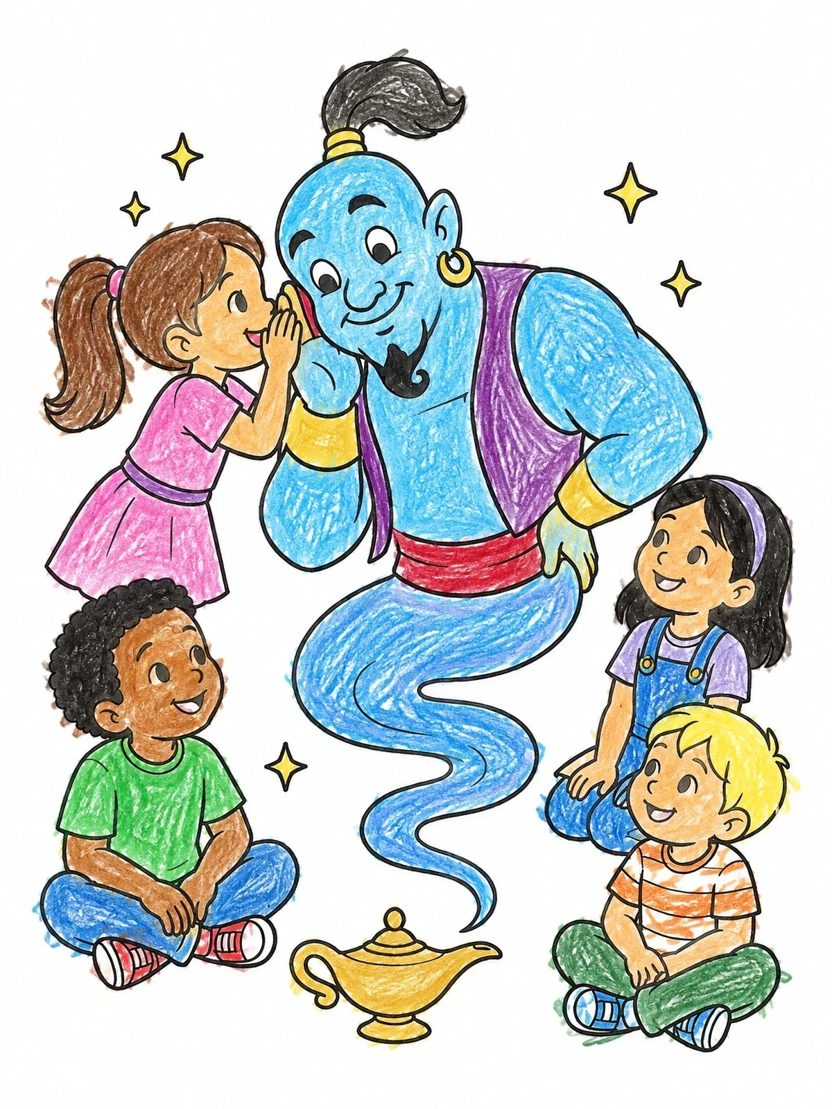 Colored example of the Friendly Genie Whispering With Children coloring page
