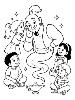 Free printable Friendly Genie Whispering With Children coloring page