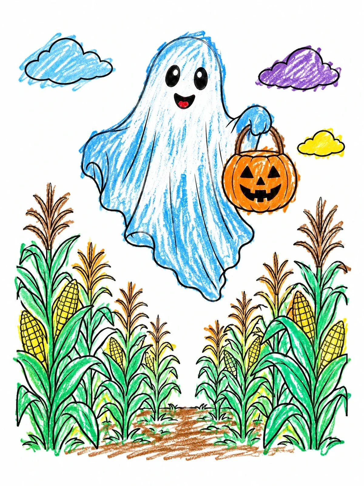 Colored example of the Friendly Ghost In A Cornfield coloring page