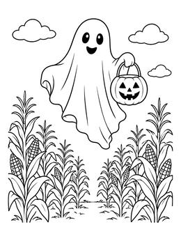A black and white halloween coloring page of a friendly ghost carrying a pumpkin bucket over a cornfield.