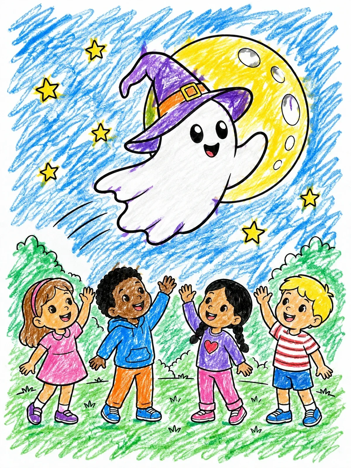 Colored example of the Friendly Ghost Flying Over Happy Children coloring page