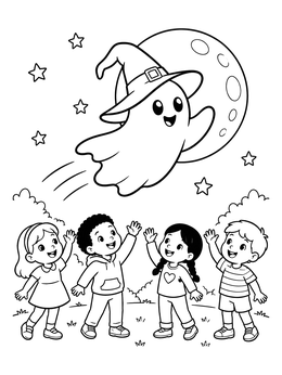 Free printable Friendly Ghost Flying Over Happy Children coloring page