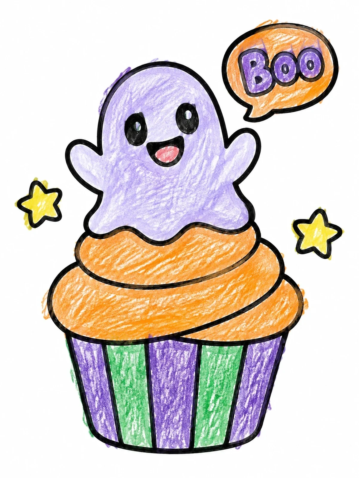 Colored example of the Friendly Ghost Halloween Cupcake coloring page