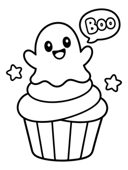 Free printable Friendly Ghost Halloween Cupcake coloring page
