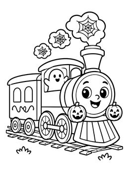 A cute ghost drives a steam train coloring page with pumpkin lights and spiderweb smoke.