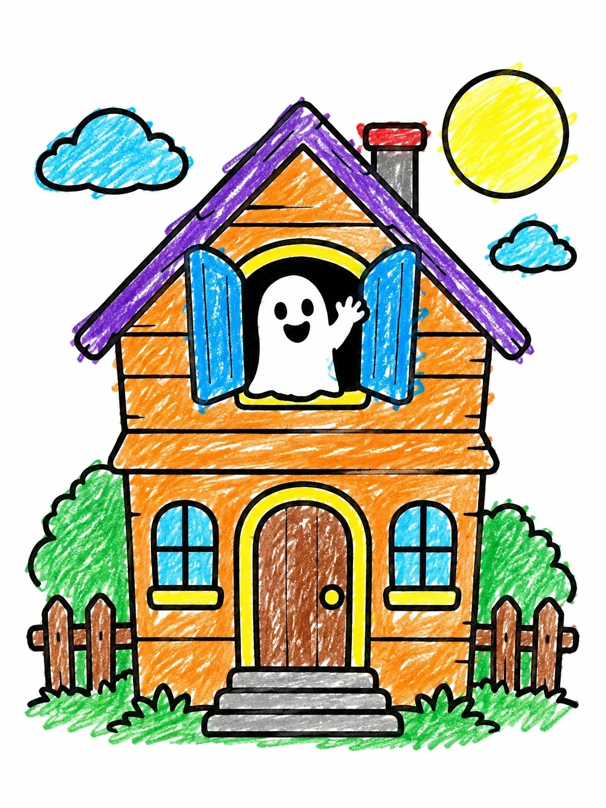 Colored example of the Friendly Ghost In Haunted House coloring page