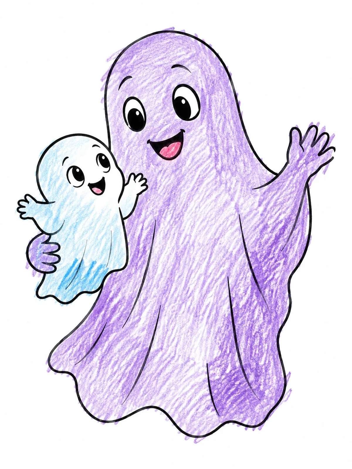 Colored example of the Friendly Ghost Holding Baby Ghost coloring page