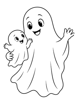 A cheerful ghost holding a baby ghost in this sweet ghost coloring page.