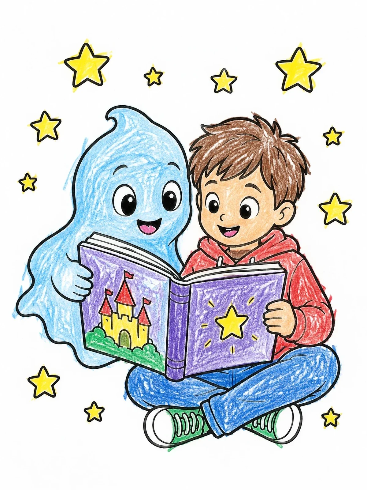Colored example of the Friendly Ghost Reading With Boy coloring page