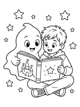 A cute ghost coloring page showing a friendly spirit reading a storybook with a young boy.