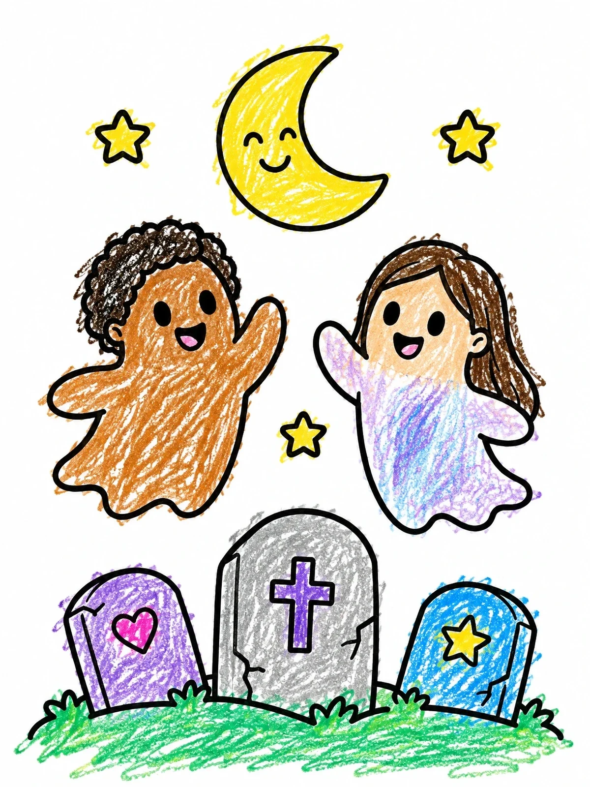 Colored example of the Friendly Ghosts Over Cute Gravestones coloring page