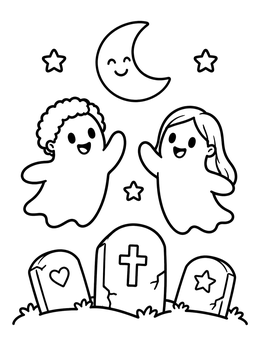 Free printable Friendly Ghosts Over Cute Gravestones coloring page