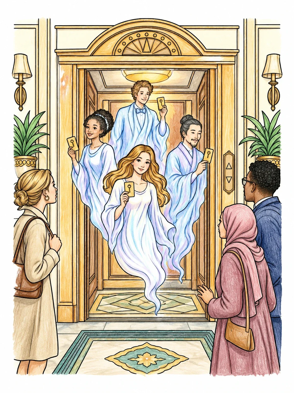 Colored example of the Friendly Ghosts In Hotel Elevator coloring page