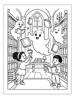 Free printable Friendly Ghosts In The Library coloring page