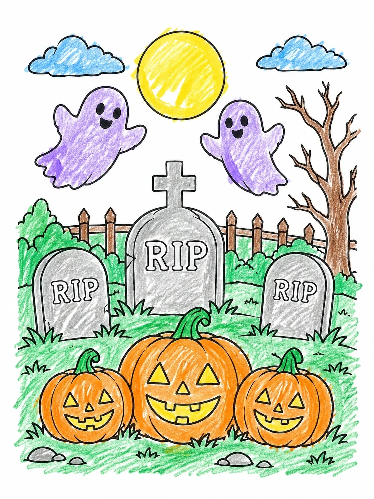 Colored example of the Friendly Ghosts And Pumpkins In Graveyard coloring page