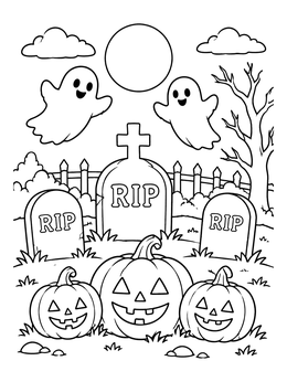 Free printable Friendly Ghosts And Pumpkins In Graveyard coloring page